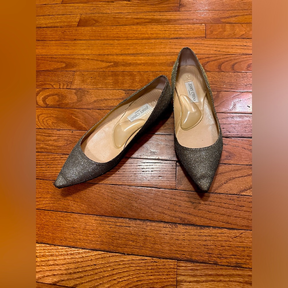 #6 Jimmy Choo Gold Glitter Pointed Flats size42
